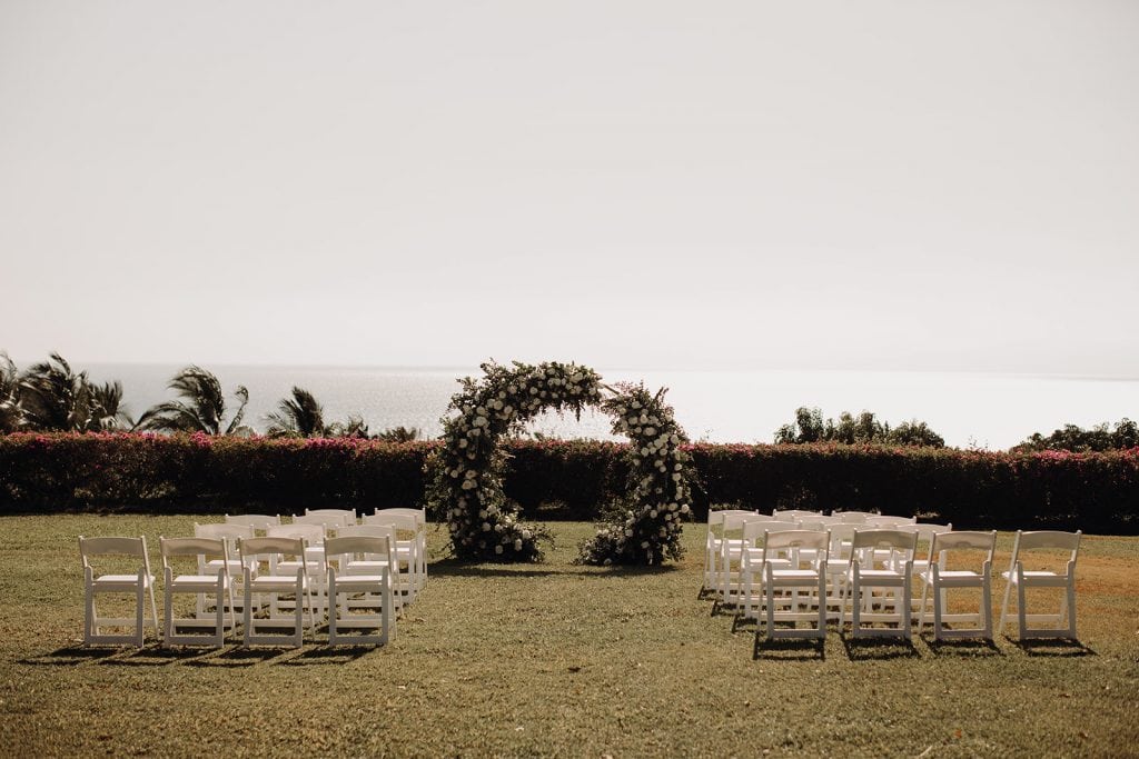 Set-up of ceremony seating overlooking ocean views