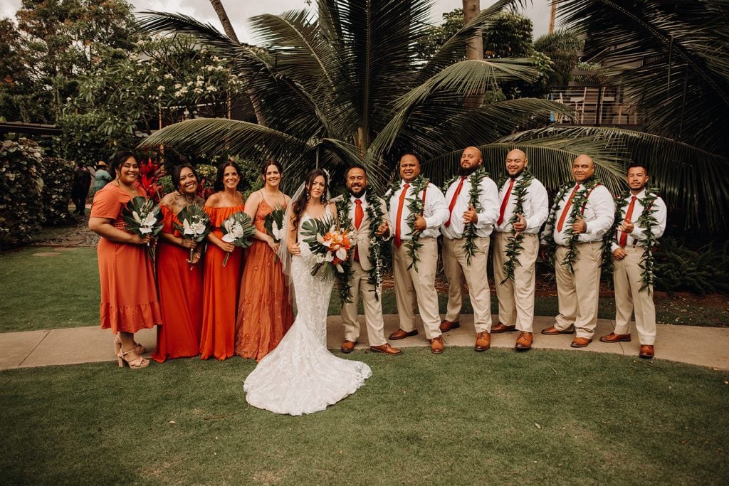 Hawaii outdoor wedding day with tropical spring flowers