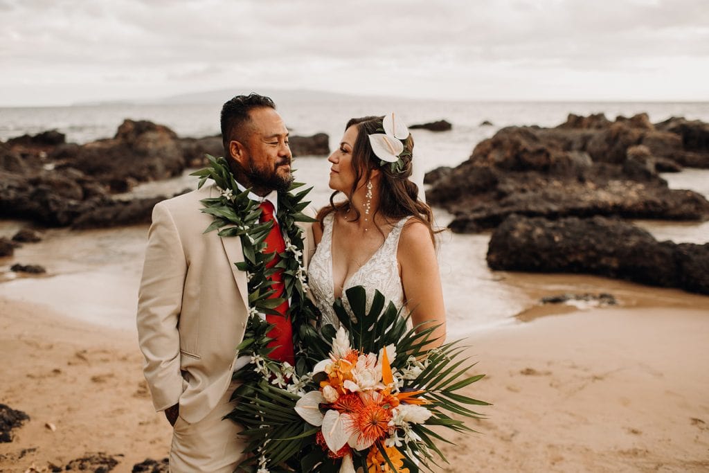 Hawaii outdoor wedding day with tropical spring flowers