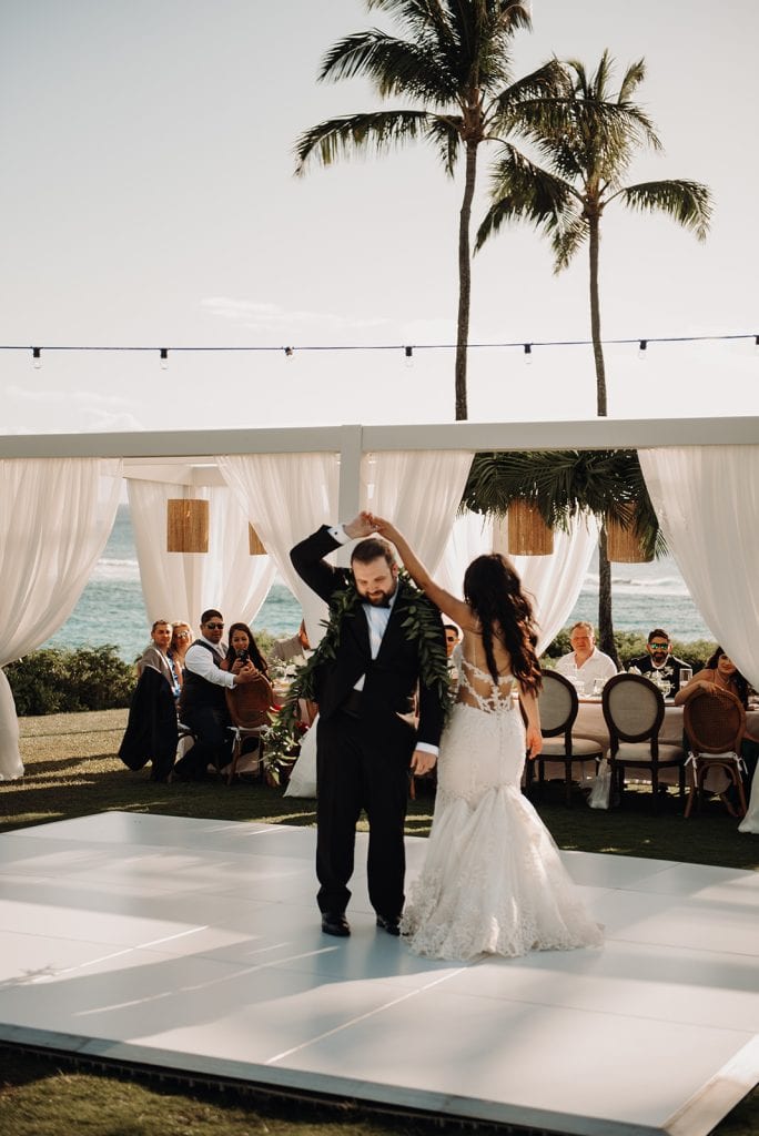 a fun intimate wedding day in Hawaii with elegant wedding decor
