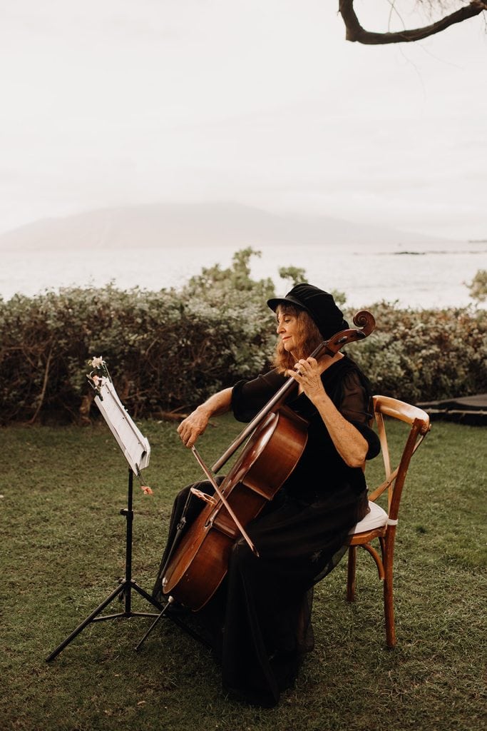 woman playing the cello for Maui micro wedding ceremony