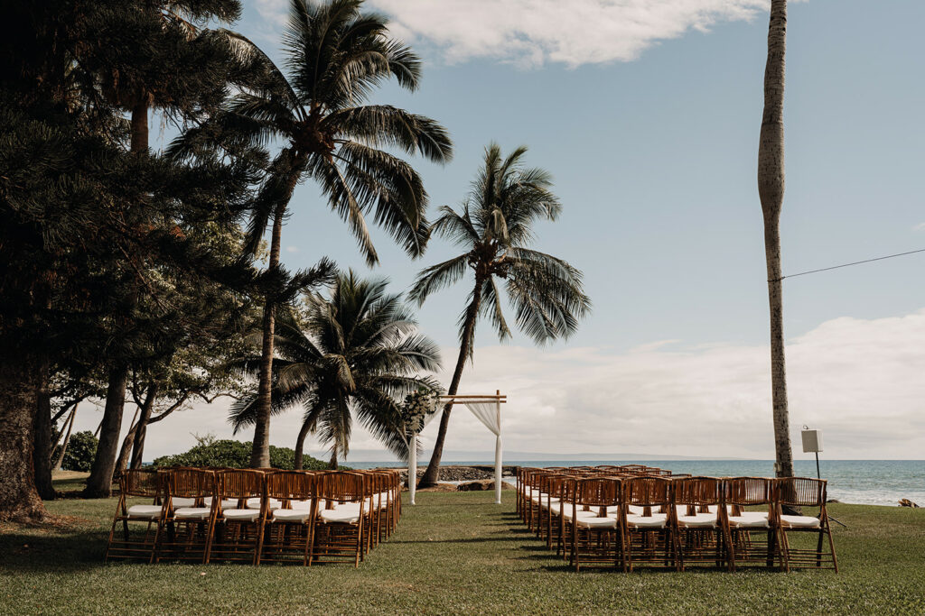 Maui wedding ceremony setup with a beach backdrop